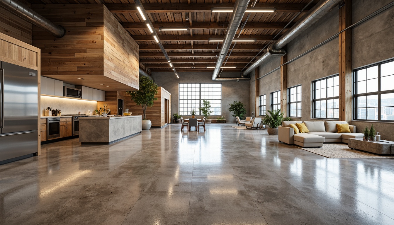 Prompt: Polished concrete floors, industrial chic aesthetic, sleek epoxy coatings, metallic flakes, high-gloss finish, rustic wooden accents, reclaimed wood planks, weathered steel beams, modern minimalist vibe, spacious open layout, abundant natural light, floor-to-ceiling windows, sleek LED lighting, urban loft inspiration, distressed finishes, earthy tone color palette, warm beige hues, rich walnut textures.