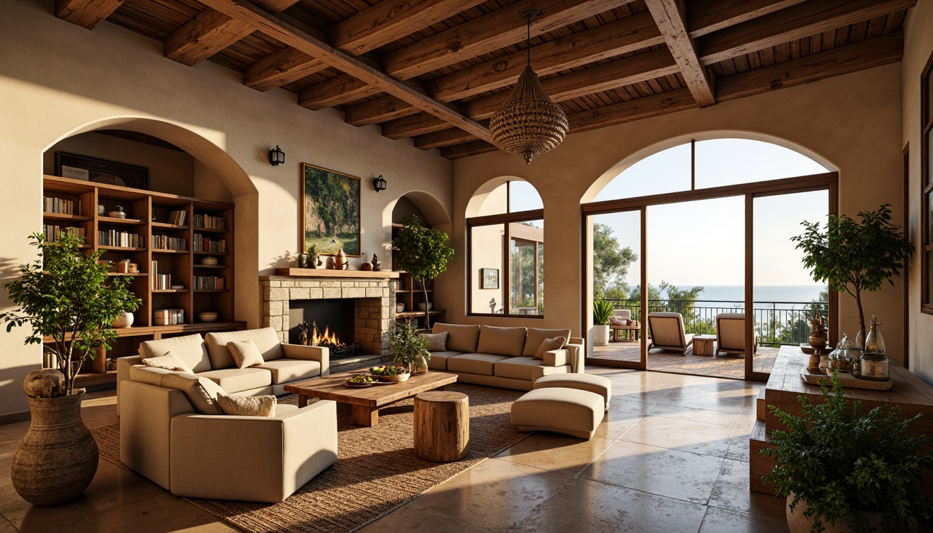 Prompt: Warm Mediterranean color palette, rustic wooden accents, natural stone flooring, curved archways, ornate metalwork, lush greenery, vintage furniture pieces, soft warm lighting, ambient shadows, cozy reading nooks, plush textiles, distressed wood finishes, earthy tones, elegant chandeliers, grand staircases, spacious open-plan living areas, floor-to-ceiling windows, sliding glass doors, sun-kissed outdoor spaces, serene ocean views, shallow depth of field, 2/3 composition, soft focus, realistic textures.