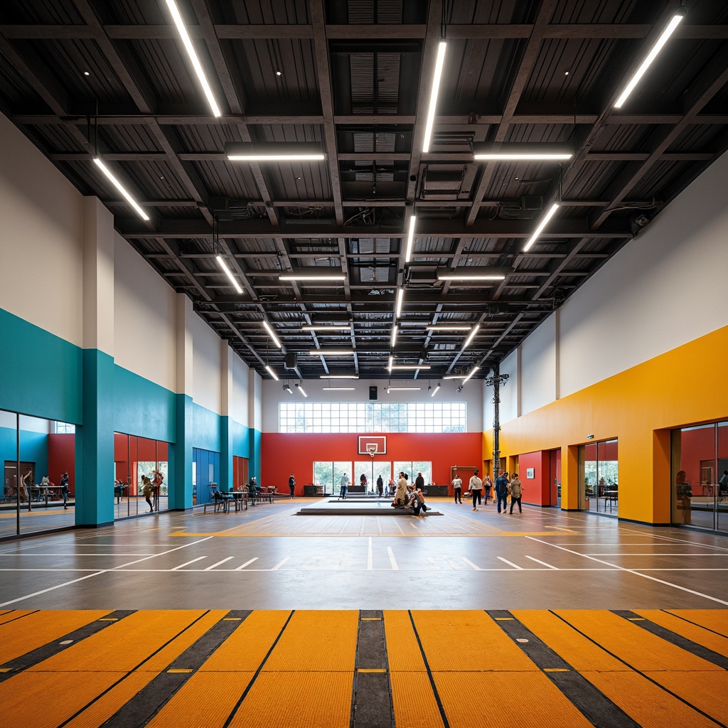 Prompt: Modern gymnasium interior, sleek flooring, vibrant color-blocked walls, suspended ceiling lights, angular lines, minimalist design, athletic equipment, basketball hoops, tennis courts, running tracks, exercise machines, mirrored surfaces, dynamic lighting, shallow depth of field, 3/4 composition, panoramic view, realistic textures, ambient occlusion, woven textiles, geometric patterns, bold stripes, vibrant hues, soft cushioning, ergonomic seating, flexible dividers, adaptive acoustics.