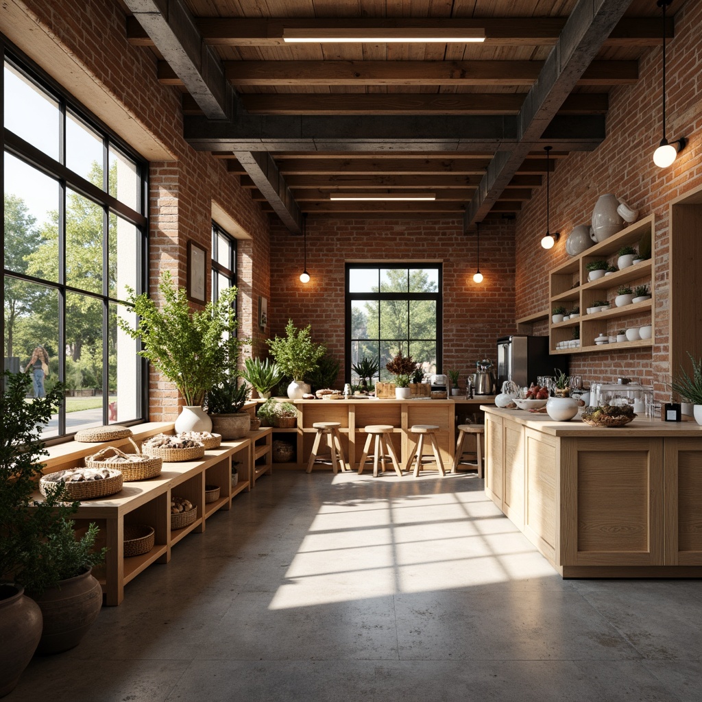 Prompt: Cozy Scandinavian grocery store, wooden accents, minimal decor, pendant lamps, warm white lighting, natural textures, exposed brick walls, rustic wooden shelves, industrial metal fixtures, earthy color palette, soft warm ambiance, afternoon sunlight, shallow depth of field, 1/1 composition, realistic reflections, ambient occlusion, subtle shadows, Nordic-inspired patterns, woven baskets, ceramic vases, lush greenery.