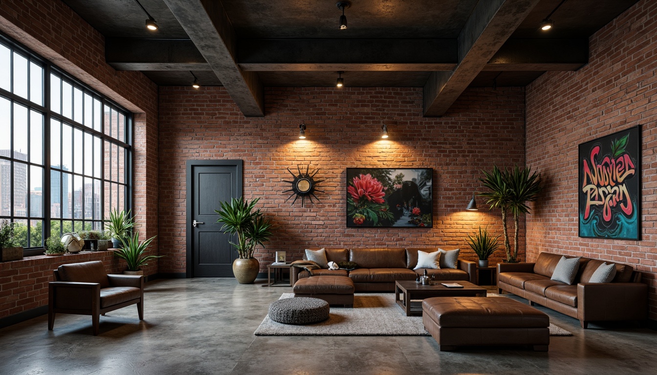 Prompt: Exposed brick walls, metal beams, industrial-chic decor, reclaimed wood accents, urban loft atmosphere, neutral color palette, weathered steel tones, distressed leather furniture, vintage machinery parts, dim warm lighting, gritty concrete floors, minimalist design, functional simplicity, raw unfinished textures, moody atmospheric ambiance, dramatic high ceilings, urban cityscape views, abstract graffiti artwork, edgy modern typography.