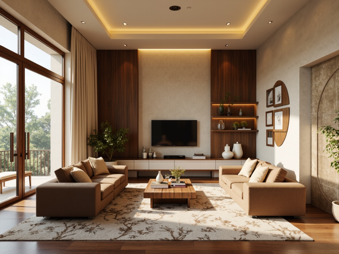 Prompt: Elegant living room, warm beige walls, rich walnut wood furniture, soft golden lighting, plush velvet sofas, patterned rugs, decorative vases, floor-to-ceiling windows, natural stone fireplace, modern minimalist decor, calming atmosphere, warm neutral tones, earthy brown accents, creamy whites, subtle texture contrasts, shallow depth of field, 1/1 composition, realistic renderings.