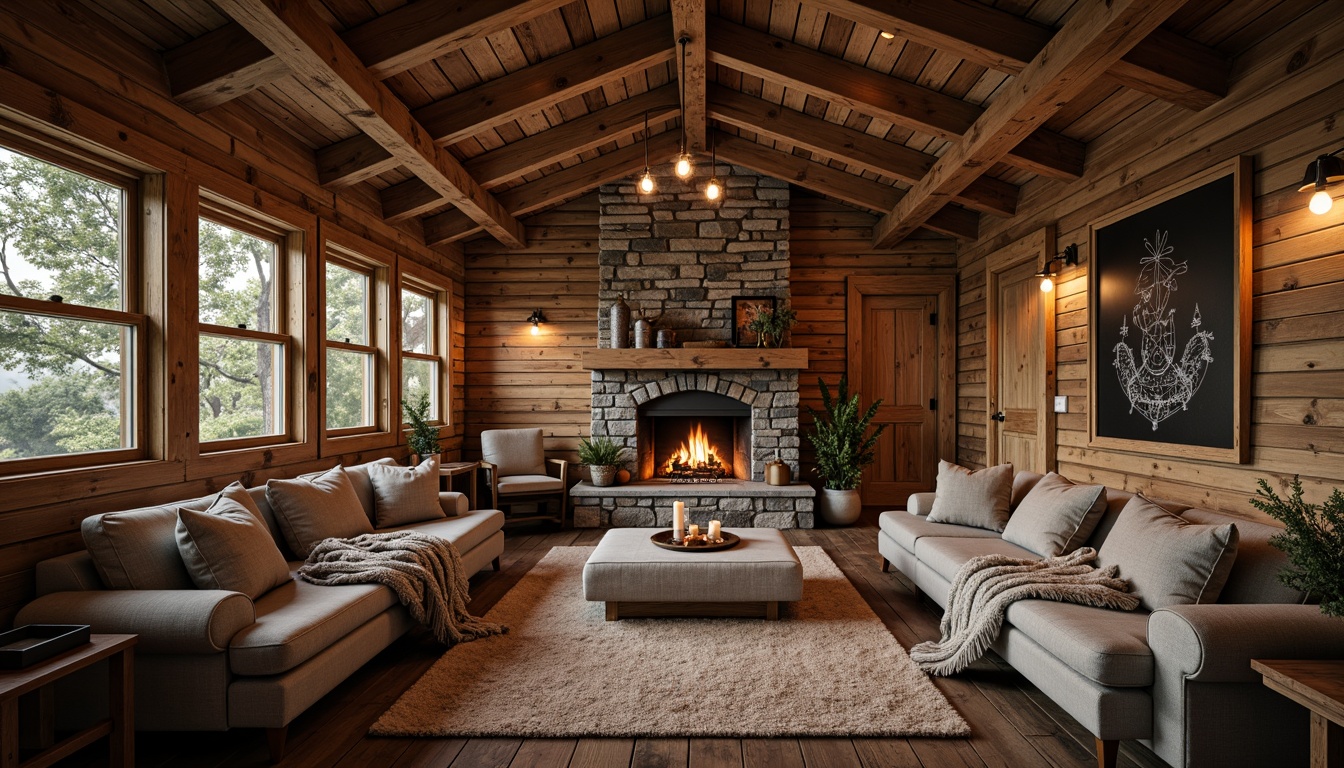 Prompt: Rustic cabin, wooden beams, natural stone walls, earthy color palette, reclaimed wood flooring, distressed textures, vintage decorations, metal accents, industrial lighting fixtures, exposed brick, cozy fireplaces, plush throw blankets, warm candlelight, shallow depth of field, 1/2 composition, realistic wood grain, ambient occlusion.