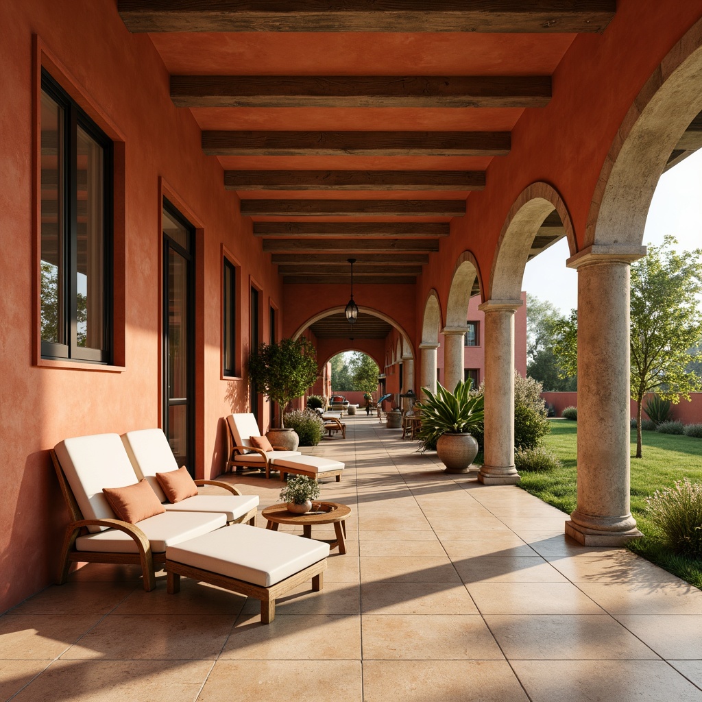 Prompt: Earthy terracotta walls, warm beige floors, rich turquoise accents, soft sandy neutrals, vibrant coral hues, weathered wooden furniture, natural stone columns, rustic metal details, cozy reading nooks, lush greenery, abundant sunlight, warm golden lighting, shallow depth of field, 3/4 composition, panoramic view, realistic textures, ambient occlusion.