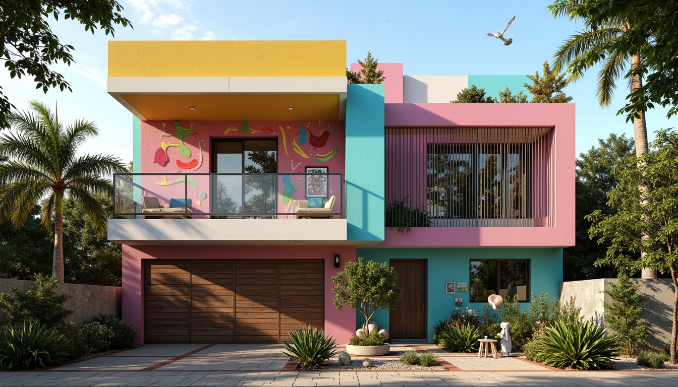 Prompt: Vibrant residential facade, bold color blocking, pastel hues, neon accents, playful textures, irregular shapes, asymmetrical compositions, ornate decorations, eclectic mix of materials, distressed wood, rough concrete, smooth glass, metal grids, abstract murals, whimsical patterns, tropical plants, sunny afternoon, warm soft lighting, shallow depth of field, 1/1 composition, realistic renderings, ambient occlusion.Please let me know if this meets your requirements!