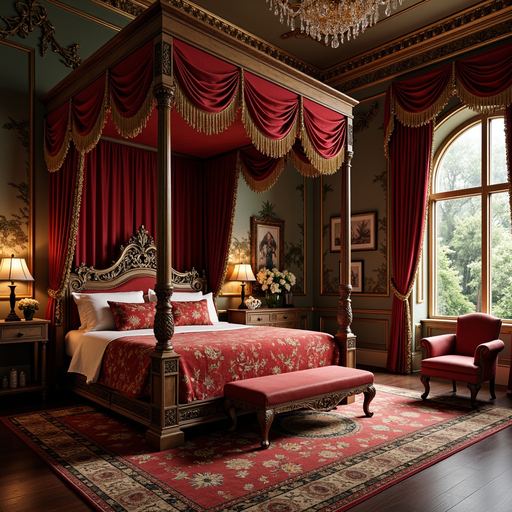 Prompt: Rich velvet fabrics, golden thread embroidery, ornate tassels, plush cushions, intricately carved wooden furniture, majestic four-poster beds, lavish drapery, crystal chandeliers, soft warm lighting, regal red and gold color scheme, whimsical fairy-tale illustrations, luxurious silk upholstery, antique bronze hardware, opulent tufted rugs, stately crown molding, dramatic floor-to-ceiling curtains, sparkling beaded trim, mystical forest scenery, fantastical creatures, enchanted forest atmosphere.