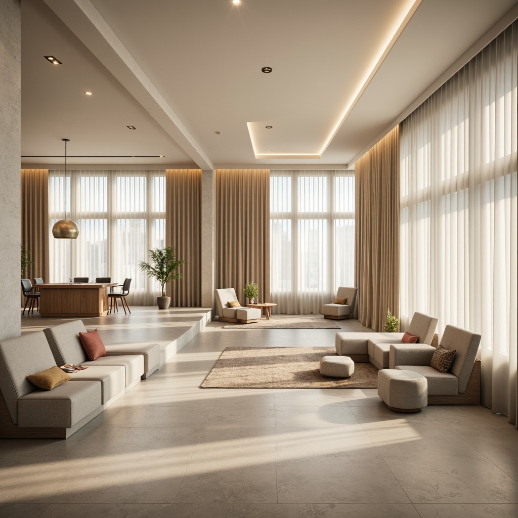 Prompt: Monochromatic interior, soft diffused light, minimalist decor, low-key ambiance, subtle shadows, natural textures, matte finishes, sleek lines, simple shapes, limited color palette, calming atmosphere, floor-to-ceiling windows, sheer curtains, warm beige tones, soft cream accents, recessed lighting, LED strips, indirect illumination, 1/1 composition, shallow depth of field, realistic rendering.