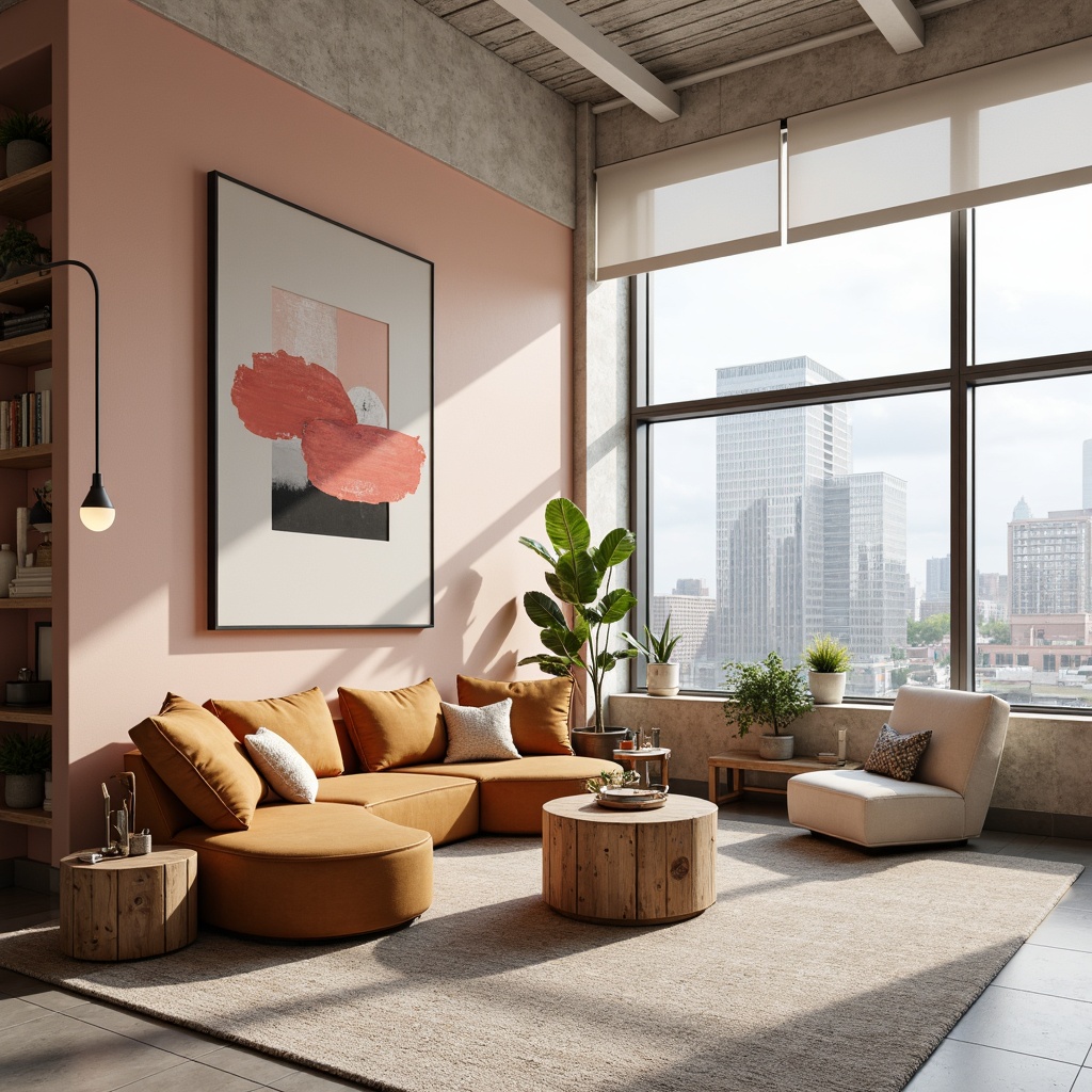 Prompt: Vibrant design studio, modern minimalist decor, bold typography, pastel color scheme, soft peach tones, creamy whites, rich charcoal accents, natural wood textures, industrial metal elements, geometric patterns, abstract artwork, urban cityscape, cloudy day, diffused lighting, shallow depth of field, 1/1 composition, realistic rendering, ambient occlusion.