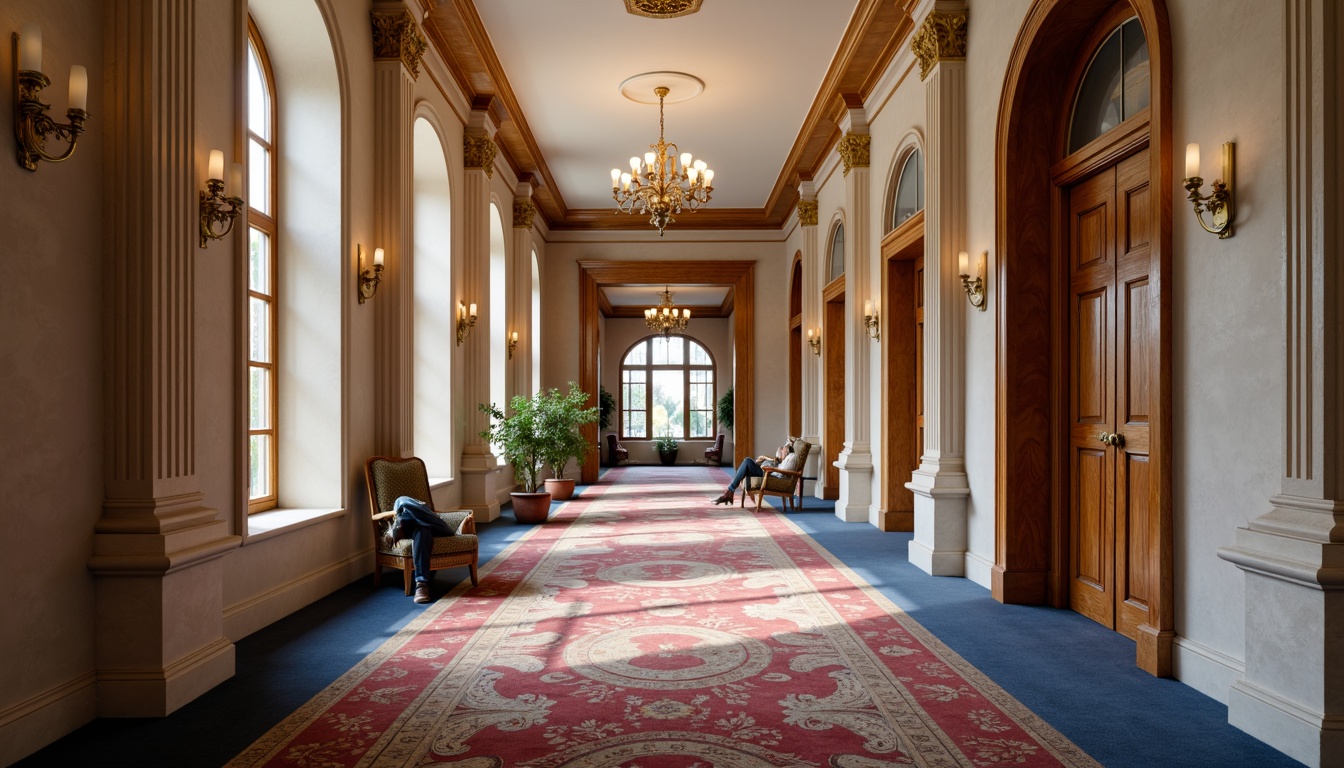 Prompt: Elegant university hallway, rich wood accents, sophisticated neutral tones, creamy whites, deep blues, warm beiges, bold reds, refined gold fixtures, luxurious carpets, stately columns, ornate moldings, classical archways, dramatic chandeliers, softbox lighting, 1/2 composition, shallow depth of field, realistic textures, ambient occlusion.