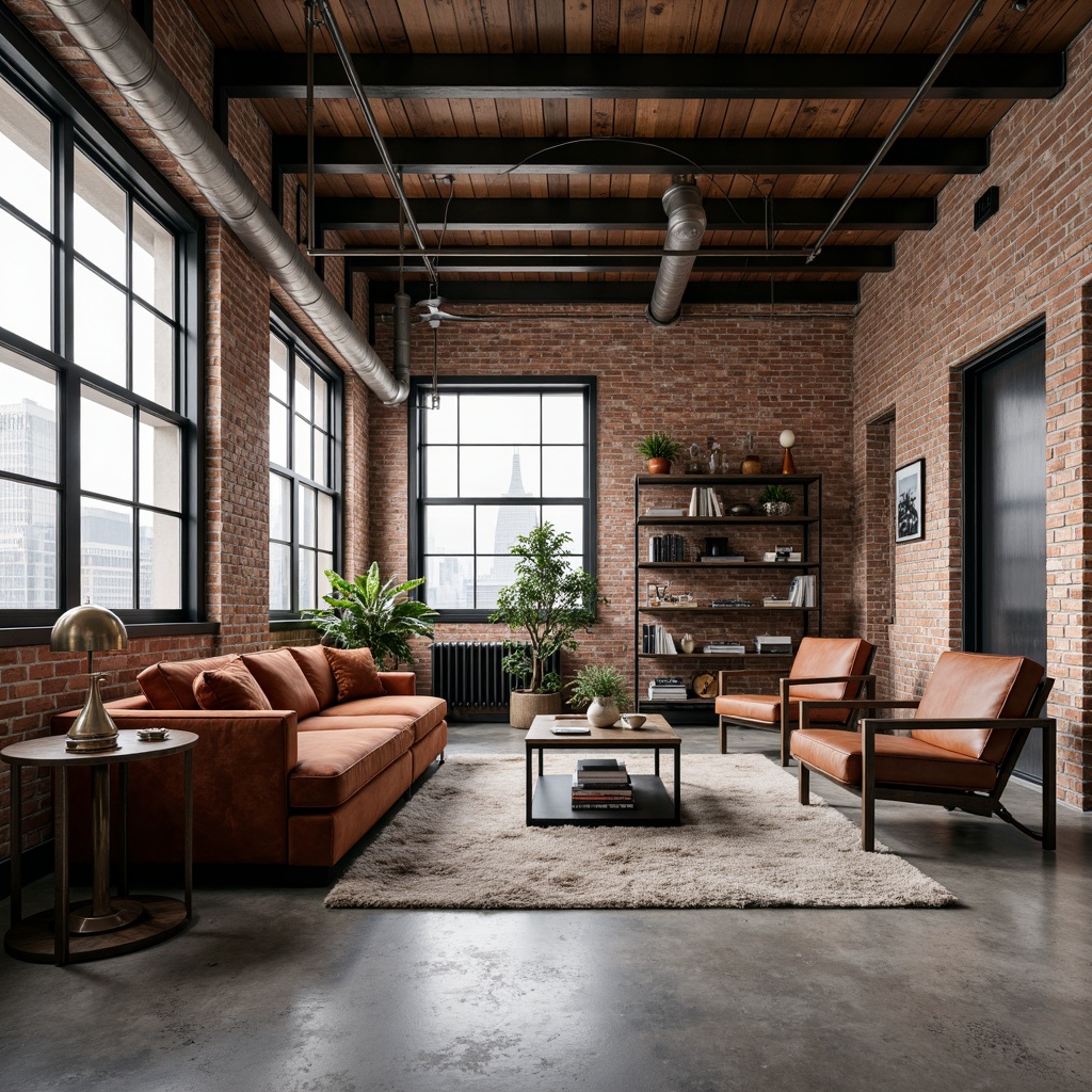 Prompt: Exposed brick walls, metal beams, reclaimed wood accents, industrial chic decor, luxurious velvet sofas, distressed leather armchairs, metal frame coffee tables, minimalist lamp fixtures, polished concrete floors, urban loft atmosphere, modern industrial architecture, city skyline views, floor-to-ceiling windows, neutral color palette, functional decorative elements, raw steel shelving units, vintage factory-inspired furniture, edgy architectural details, dramatic high ceilings, warm ambient lighting, shallow depth of field, 2/3 composition, realistic textures.