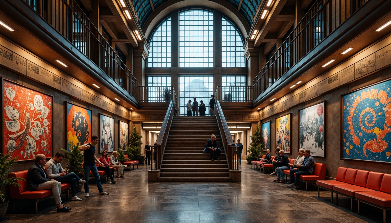 Prompt: Vibrant metro station, urban atmosphere, eclectic fabric patterns, bold graphic prints, neon color accents, metallic textures, industrial materials, distressed denim, vintage leather, ornate tile work, grand staircase, dramatic archways, bustling crowds, warm artificial lighting, shallow depth of field, 1/2 composition, realistic reflections, ambient occlusion.