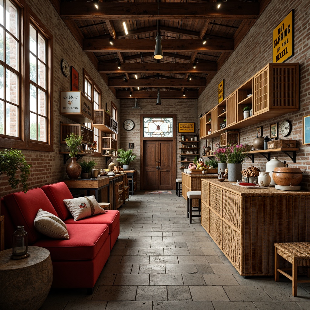 Prompt: Vibrant market interior, eclectic mix of textures, distressed wooden crates, worn brick walls, rusty metal accents, vintage signage, woven wicker furniture, plush velvet fabrics, natural stone floors, earthy ceramics, industrial metal beams, warm ambient lighting, soft focus, shallow depth of field, 1/2 composition, inviting atmosphere, realistic materials, detailed normal maps.