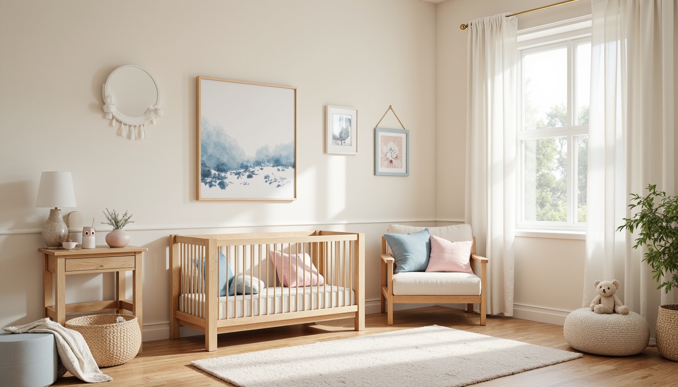 Prompt: Soft pastel nursery, gentle cream walls, warm beige furniture, calming blue accents, sweet pink decorations, natural wood crib, plush area rug, delicate floral patterns, soothing white curtains, subtle texture contrasts, cozy reading nook, softbox lighting, shallow depth of field, 1/1 composition, whimsical illustrations, dreamy atmosphere.