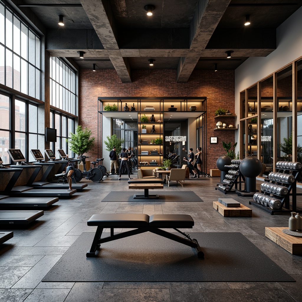 Prompt: Modern home gym, industrial-chic aesthetic, metallic storage units, sleek shelving systems, durable rubber flooring, mirrored walls, motivational quotes, high-intensity lighting, state-of-the-art equipment, adjustable dumbbells, folding benches, compact treadmills, resistance bands, yoga mats, floor-to-ceiling windows, urban loft-style architecture, exposed brick walls, polished concrete floors, 3/4 composition, shallow depth of field, warm softbox lighting.