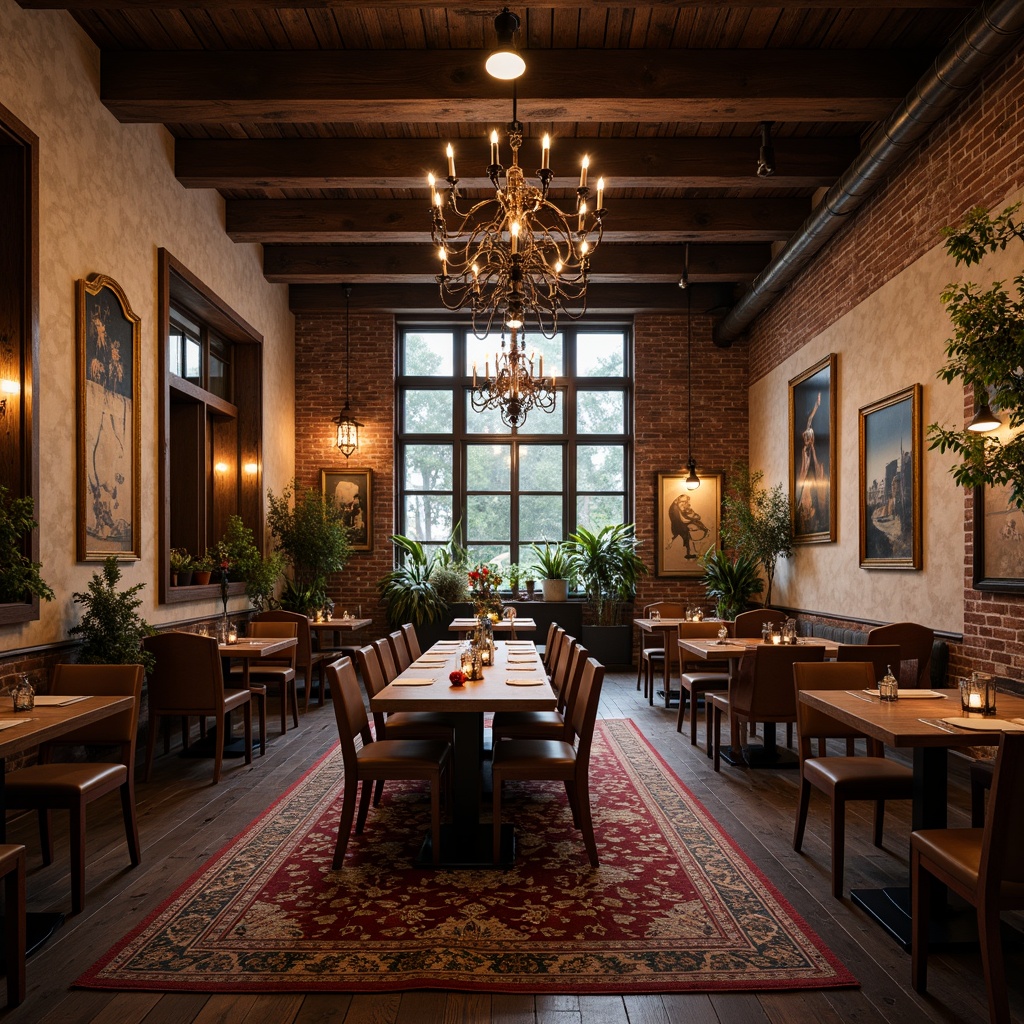 Prompt: Eclectic dining hall, ornate chandeliers, industrial pendant lamps, rustic wooden beams, distressed brick walls, vintage furniture, patterned rugs, eclectic artwork, dramatic spotlights, warm candlelight, softbox diffusers, 1/2 composition, atmospheric rendering, realistic materials, ambient occlusion.