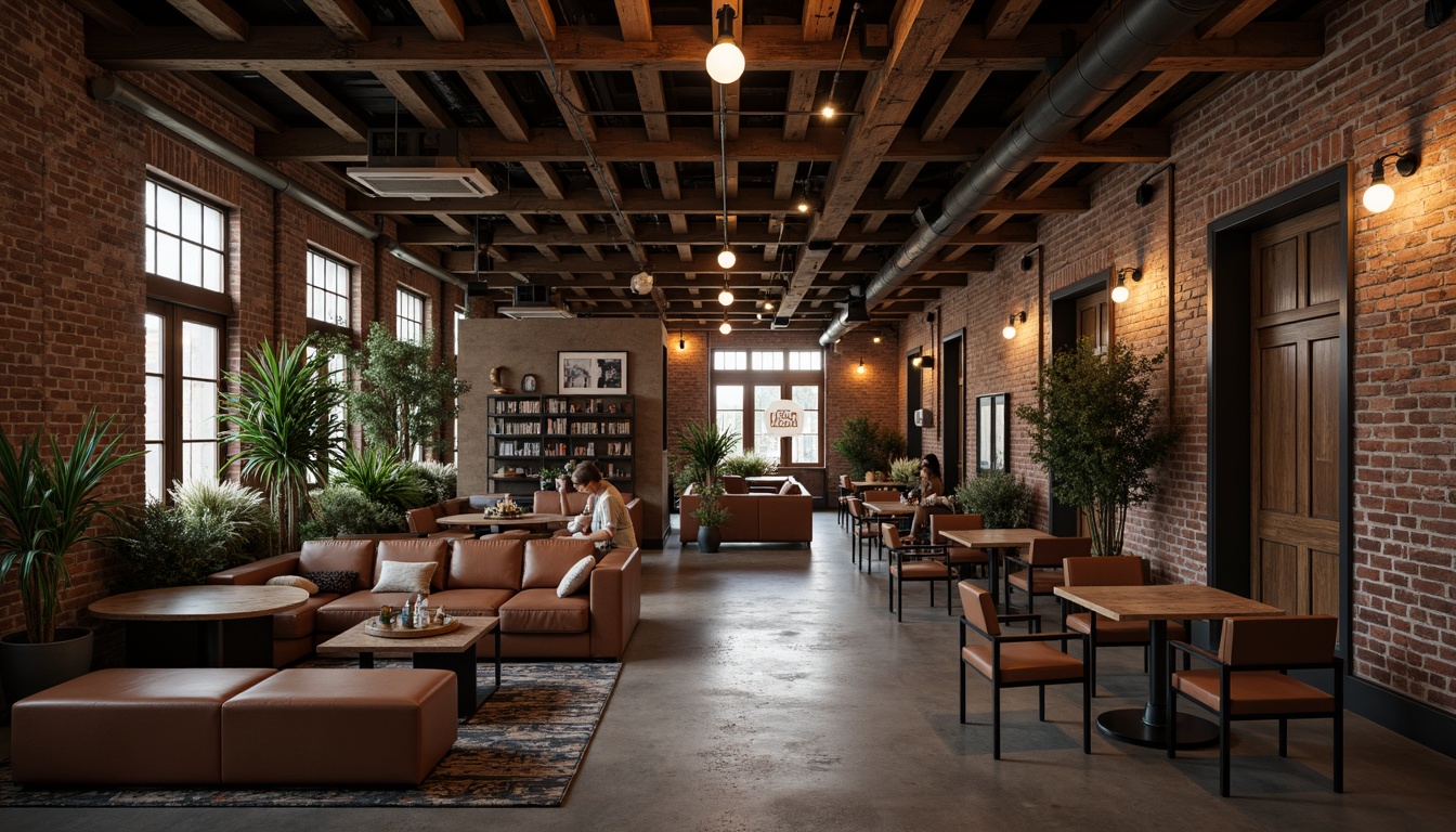 Prompt: Rustic industrial hotel lobby, reclaimed wood accents, metal beams, exposed brick walls, vintage factory lights, distressed leather sofas, worn wooden chairs, minimalist coffee tables, urban loft-inspired decor, functional steel shelves, concrete floors, raw Edison bulb lighting, moody color palette, atmospheric shadows, cinematic composition, 1/1 aspect ratio, high-contrast textures, ambient occlusion.