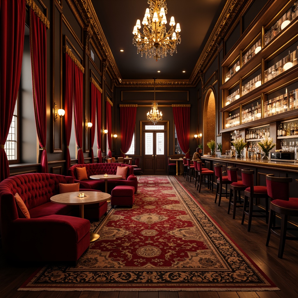 Prompt: Luxurious pub interior, rich velvet drapes, ornate golden frames, plush crimson sofas, intricately patterned rugs, lavish silk upholstery, antique wooden accents, grand crystal chandeliers, opulent marble bars, soft warm candlelight, shallow depth of field, 1/1 composition, intimate atmosphere, realistic textures, ambient occlusion.