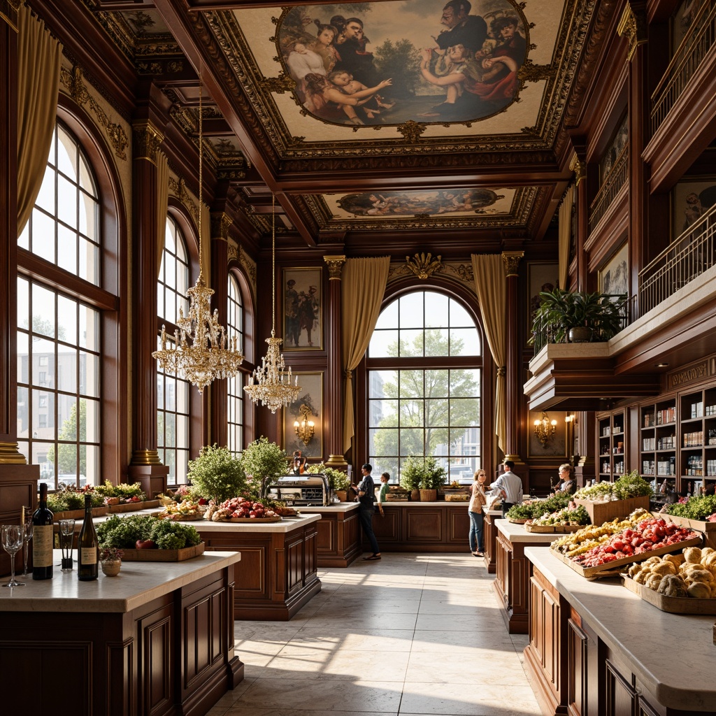 Prompt: Luxurious baroque-style grocery store interior, rich dark wood accents, ornate golden fixtures, lavish crystal chandeliers, intricately patterned marble floors, creamy white granite countertops, decorative fresco ceilings, grandiose arched windows, plush velvet drapes, warm ambient lighting, shallow depth of field, 1/2 composition, realistic textures, subtle specular highlights.