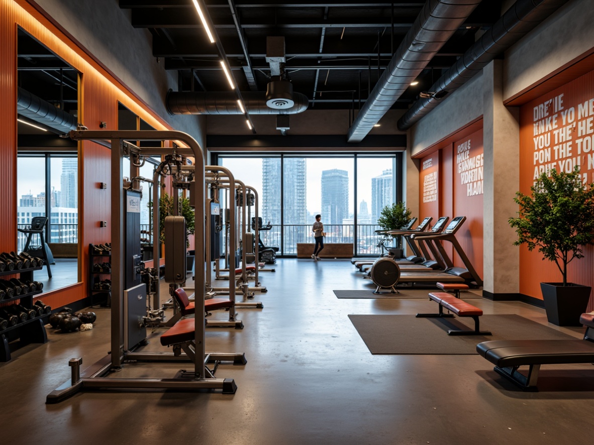 Prompt: Modern fitness club interior, sleek metal equipment, rubber flooring, motivational quotes, mirrored walls, high ceilings, energetic color scheme, industrial-chic lighting fixtures, functional seating areas, adjustable dumbbells, treadmills, exercise bikes, resistance bands, yoga mats, floor-to-ceiling windows, urban cityscape views, warm inviting atmosphere, shallow depth of field, 1/2 composition, realistic textures, ambient occlusion.