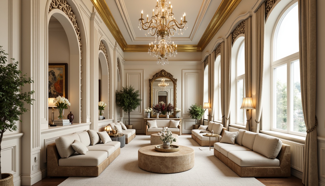 Prompt: Elegant interior space, neoclassical style, cream-colored walls, rich wood accents, ornate moldings, gilded frames, soft beige upholstery, velvety smooth fabrics, subtle sheen, muted gold tones, warm cream hues, pale blue undertones, rustic wooden furniture, carved decorative elements, sophisticated ambiance, refined elegance, high ceilings, grand chandeliers, crystal droplets, luxurious textiles, intricate patterns, classical motifs, subtle gradient effects, softbox lighting, 1/1 composition, realistic renderings.