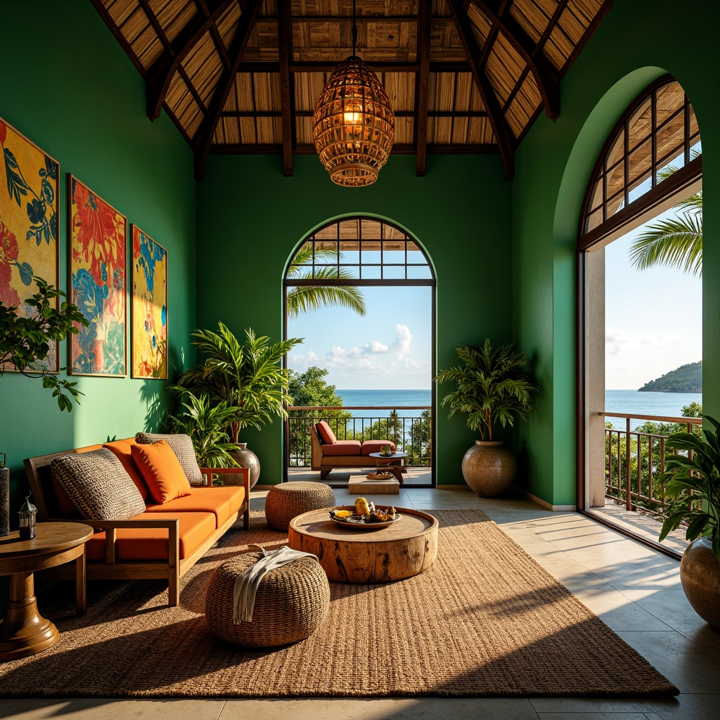 Prompt: Vibrant tropical interior, lush green walls, exotic plants, natural materials, woven rattan furniture, colorful textiles, intricate wooden carvings, warm ambient lighting, soft diffused glow, pendant lamps, unique lanterns, LED strip lights, floor-to-ceiling windows, sliding glass doors, ocean views, sunny day, bright reflections, shallow depth of field, 1/2 composition, realistic textures, subtle shadows.