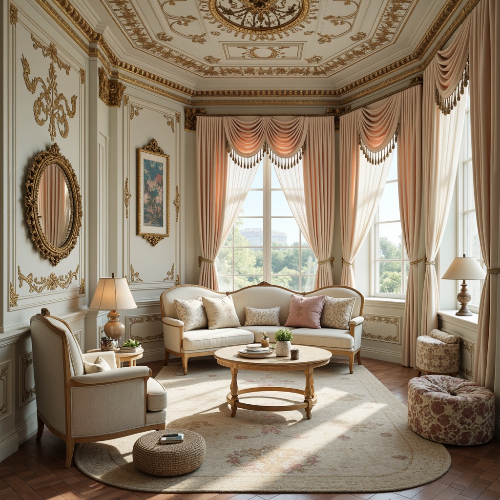 Prompt: Rococo craft room, opulent furnishings, intricate carvings, ornate mirrors, lavish fabrics, soft warm lighting, pastel color palette, creamy whites, pale pinks, baby blues, mint greens, gold accents, distressed wood tones, velvet drapes, tassel trimmings, Baroque-inspired patterns, rich textures, subtle sheen, 1/2 composition, intimate atmosphere, warm glow, realistic render.