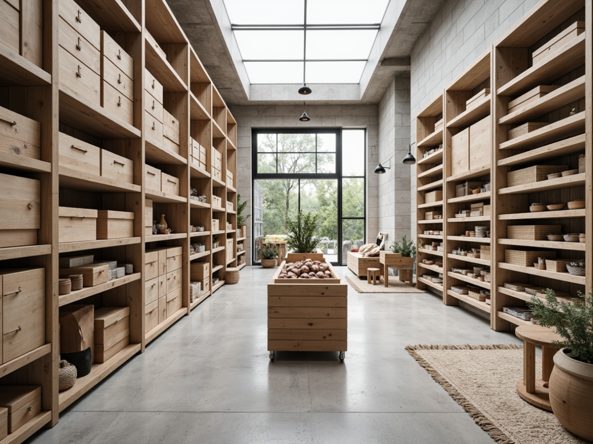 Prompt: Light-filled Scandinavian-style grocery store, polished concrete floors, whitewashed wood accents, minimalist decor, industrial-chic metal shelving, wooden crates, natural stone walls, earthy tone color palette, matte finish, rustic texture, subtle patterned rugs, Nordic-inspired design elements, modern farmhouse aesthetic, ample natural light, airy atmosphere, overhead skylights, 1/1 composition, softbox lighting, realistic reflections.