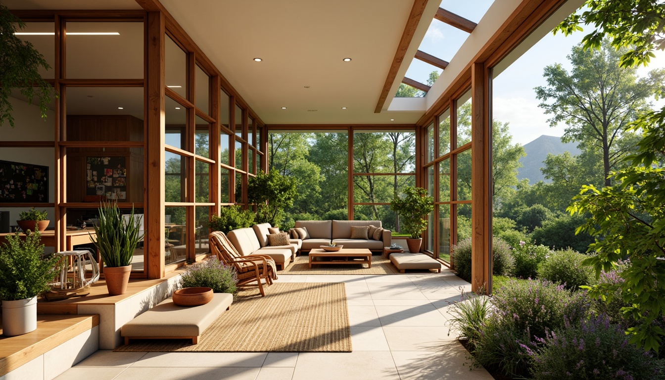 Prompt: Cozy mid-century modern sunroom, abundant natural light, clerestory windows, sliding glass doors, lush greenery, vibrant flowers, wooden accents, minimal ornamentation, sleek lines, organic shapes, earthy tones, terracotta pots, rattan furniture, woven textiles, warm beige colors, soft diffused lighting, gentle shadows, 1/1 composition, shallow depth of field, realistic textures, ambient occlusion.