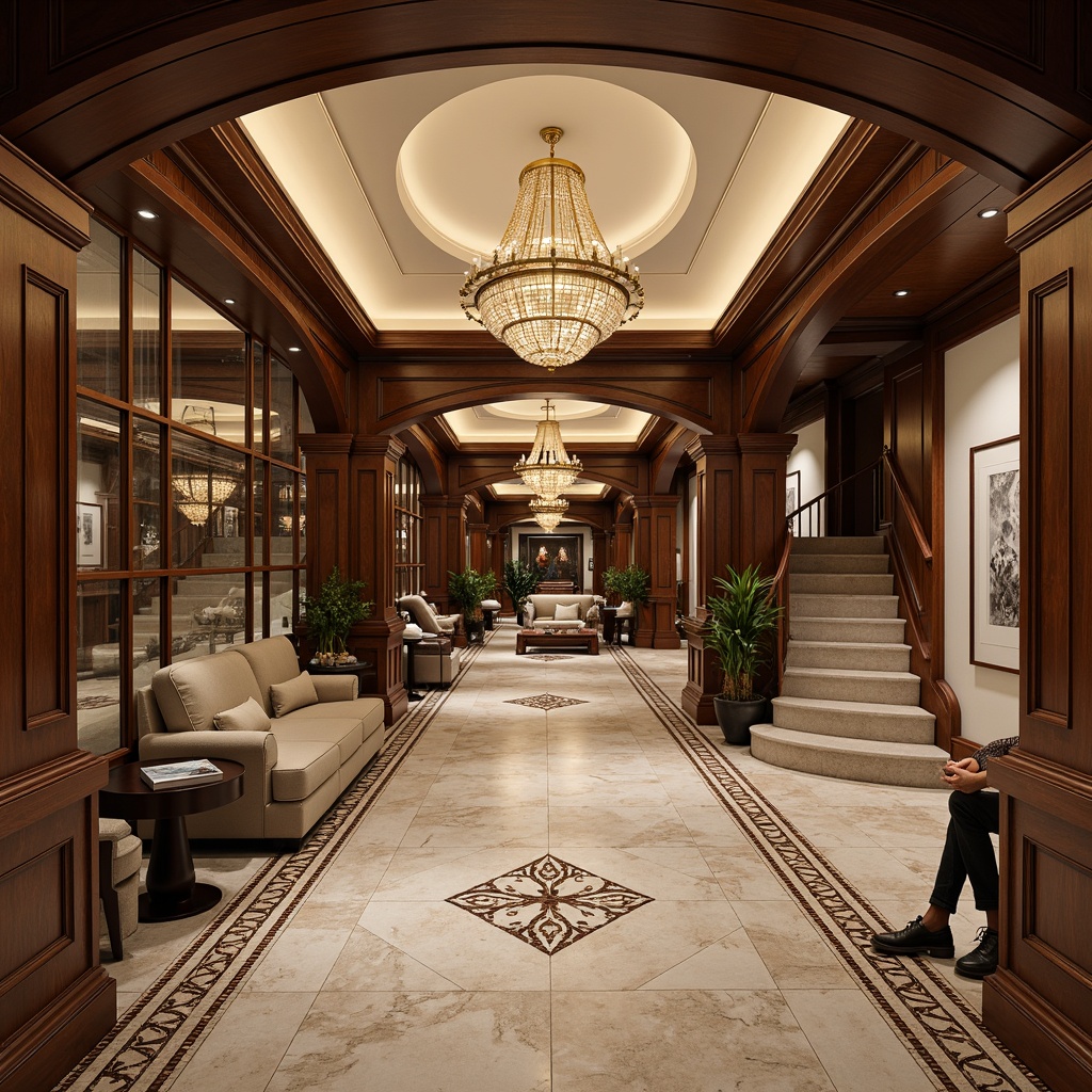 Prompt: Luxurious basement, neoclassical style, marble flooring, intricate inlays, herringbone patterns, polished wooden accents, ornate metalwork, grand chandeliers, soft warm lighting, rich textures, classic columns, archways, curved staircases, comfortable seating areas, sophisticated color palette, elegant furnishings, refined ambiance, subtle shadows, 1/1 composition, realistic reflections, ambient occlusion.