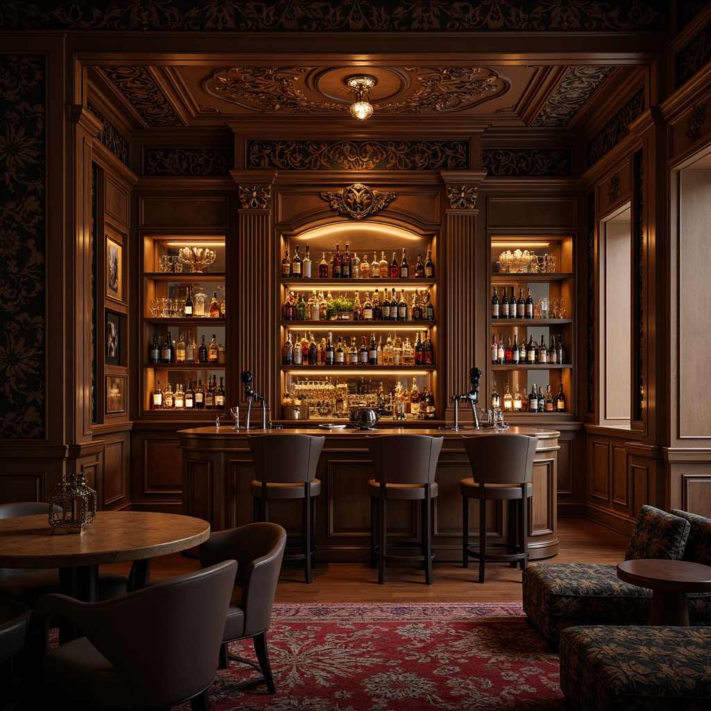 Prompt: Luxurious home bar, ornate metalwork, polished chrome accents, rich wood tones, velvety smooth surfaces, jewel-toned glassware, metallic sheen, sophisticated patterns, geometric motifs, opulent textiles, lavish furnishings, warm ambient lighting, dramatic shadows, 1/2 composition, low-angle shot, cinematic mood, nostalgic glamour.