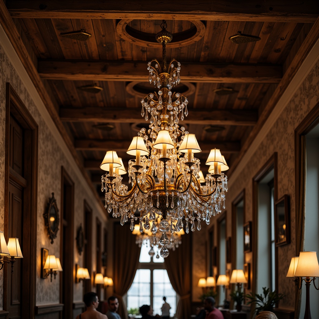 Prompt: Elegant chandelier, ornate metalwork, crystal droplets, soft warm glow, rustic wooden beams, vintage-inspired lanterns, distressed finishes, earthy tones, classic architectural details, grand high ceilings, luxurious fabrics, rich wood accents, subtle ambient lighting, 1/2 composition, realistic textures, warm color palette, nostalgic atmosphere.