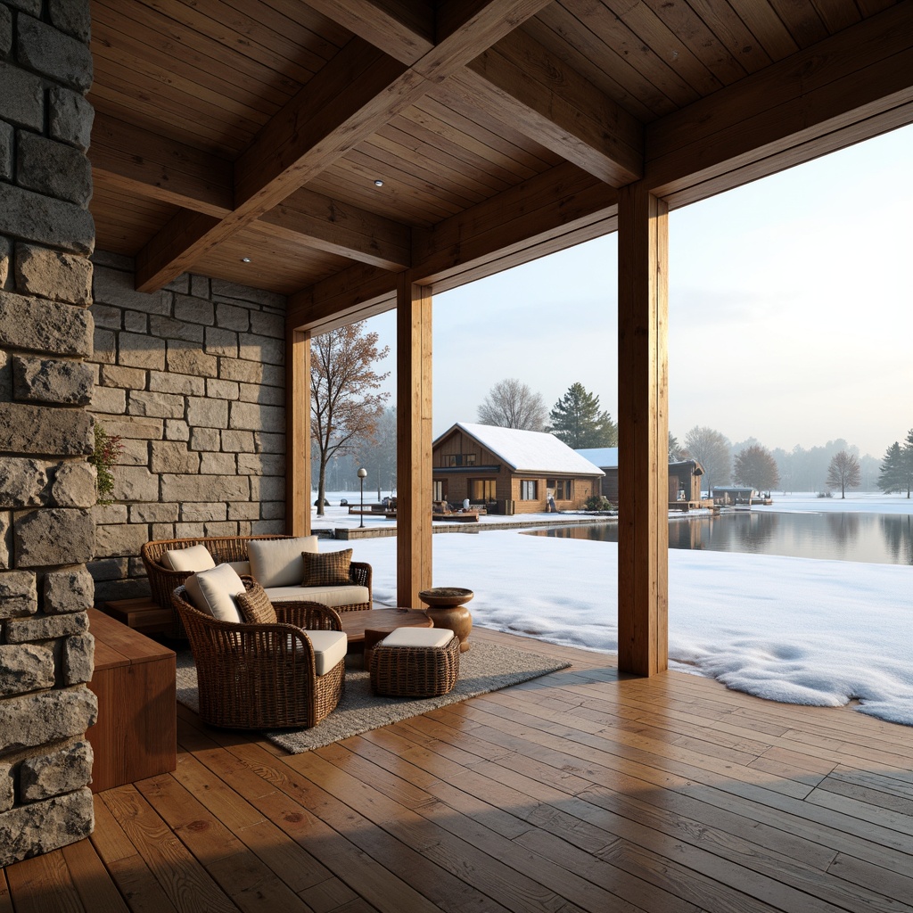 Prompt: Natural wooden planks, rustic stone walls, rough-hewn timber frames, cozy cabins, snow-capped roofs, frozen lakeside, misty morning light, soft warm glow, shallow depth of field, 1/2 composition, intimate interior spaces, minimalist decor, functional simplicity, Nordic-inspired color palette, earthy tones, organic forms, natural materiality, tactile roughness, inviting warmth, atmospheric ambiance.