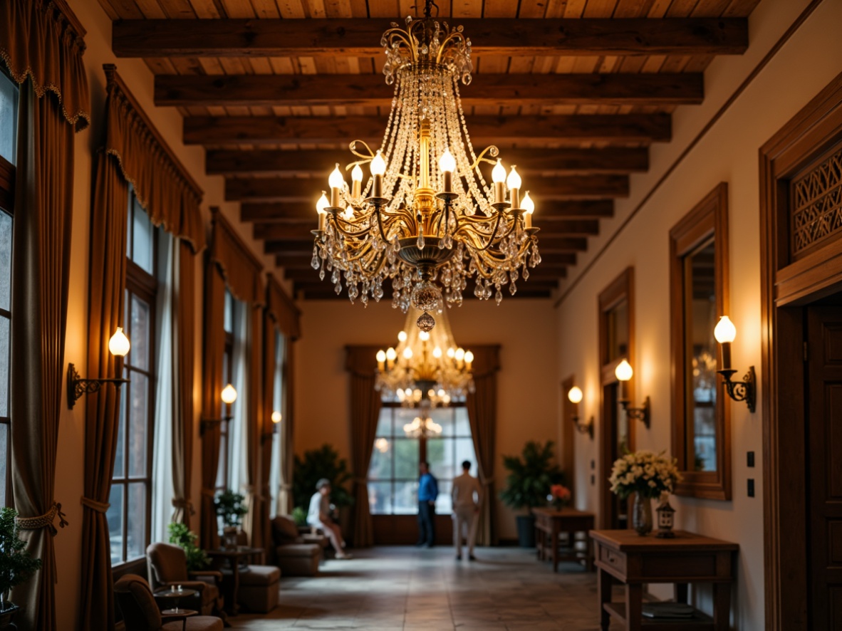 Prompt: Ornate chandeliers, crystal droplets, golden accents, warm candlelight, rustic metal lanterns, vintage sconces, distressed wooden beams, traditional European-style architecture, grand entrance halls, opulent ballrooms, rich velvet drapes, ornamental mirrors, soft warm lighting, shallow depth of field, 3/4 composition, realistic textures, ambient occlusion.