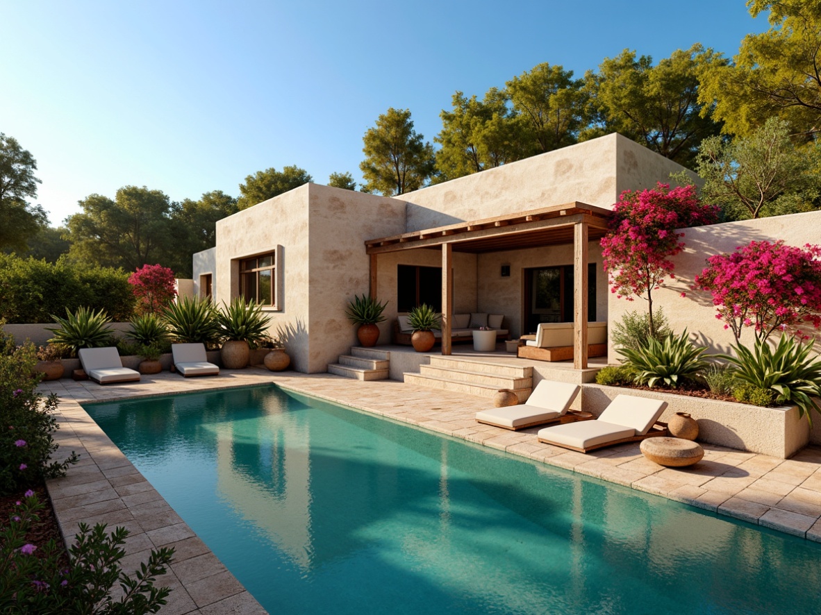 Prompt: Warm Mediterranean villa, rustic stone walls, turquoise waters, lush greenery, vibrant bougainvillea, terracotta pots, distressed wood accents, soft creamy whites, warm beige tones, earthy terracotta hues, deep blue skies, golden hour lighting, subtle texture overlays, 1/1 composition, natural atmosphere, ambient occlusion.