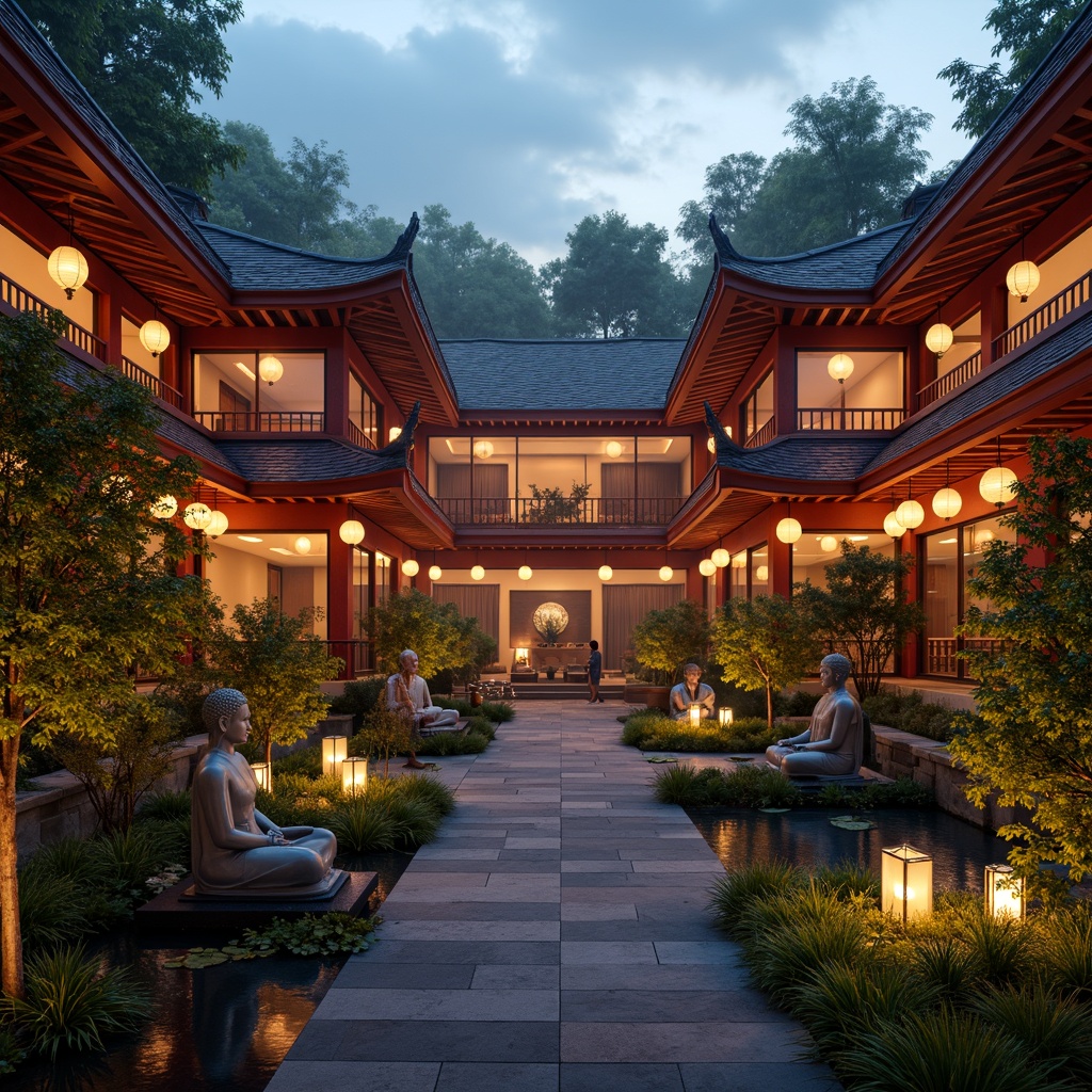 Prompt: Serenity-filled community center, warm lanterns, soft glowing lights, traditional Asian-inspired architecture, pagoda-style roofs, curved lines, natural wood accents, paper lanterns, vibrant red and gold colors, intricate carvings, cultural symbols, Buddha statues, peaceful gardens, lush greenery, bamboo plants, koi ponds, water features, misty atmosphere, warm sunset lighting, shallow depth of field, 1/2 composition, realistic textures, ambient occlusion.