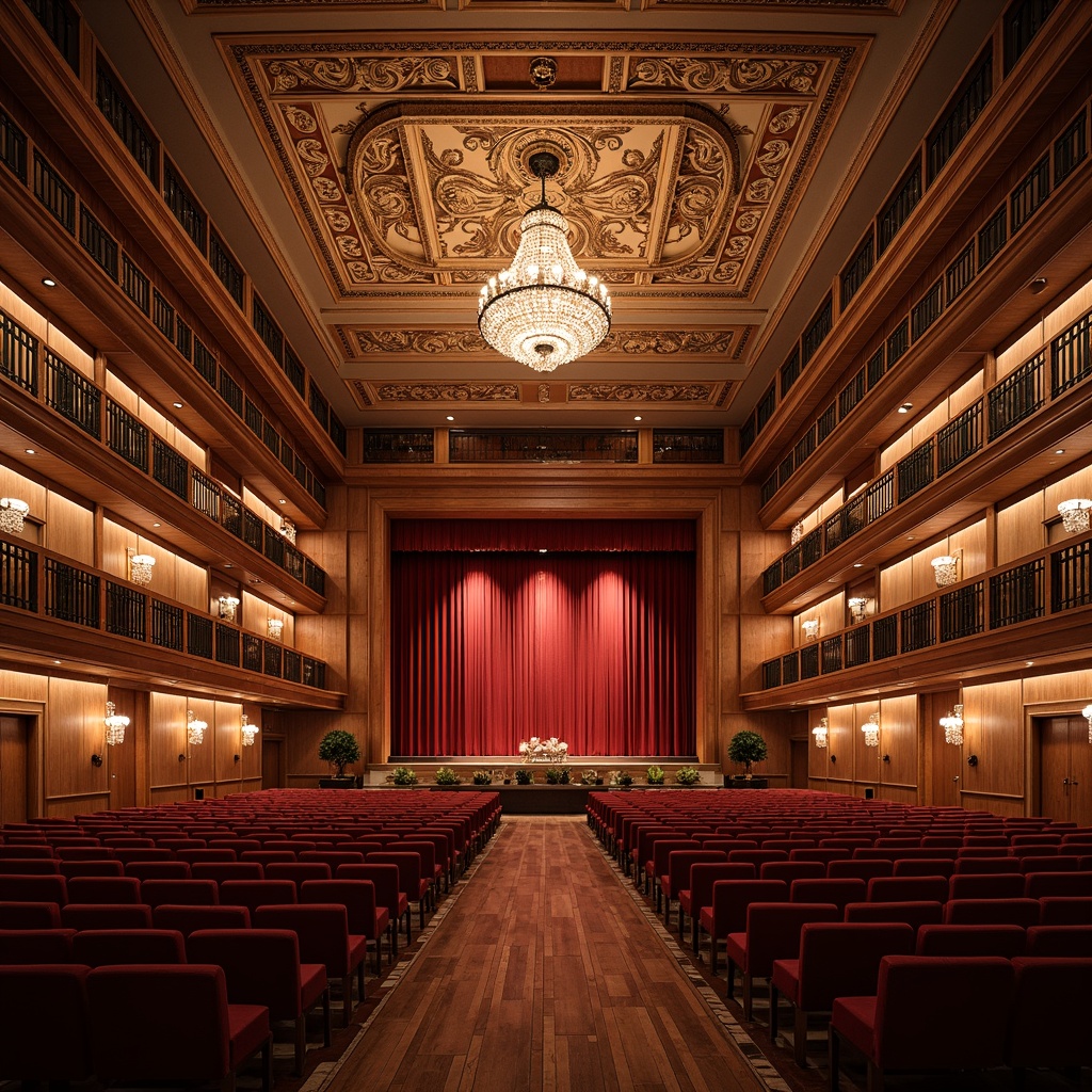 Prompt: Traditional performing arts center, ornate wooden interior, richly colored velvet curtains, intricate plaster ceiling, crystal chandeliers, tiered seating, wooden floors, acoustic panels, sound-absorbing materials, diffusers, bass traps, reflective surfaces, warm ambient lighting, soft focused spotlighting, 1/2 composition, realistic textures, ambient occlusion.