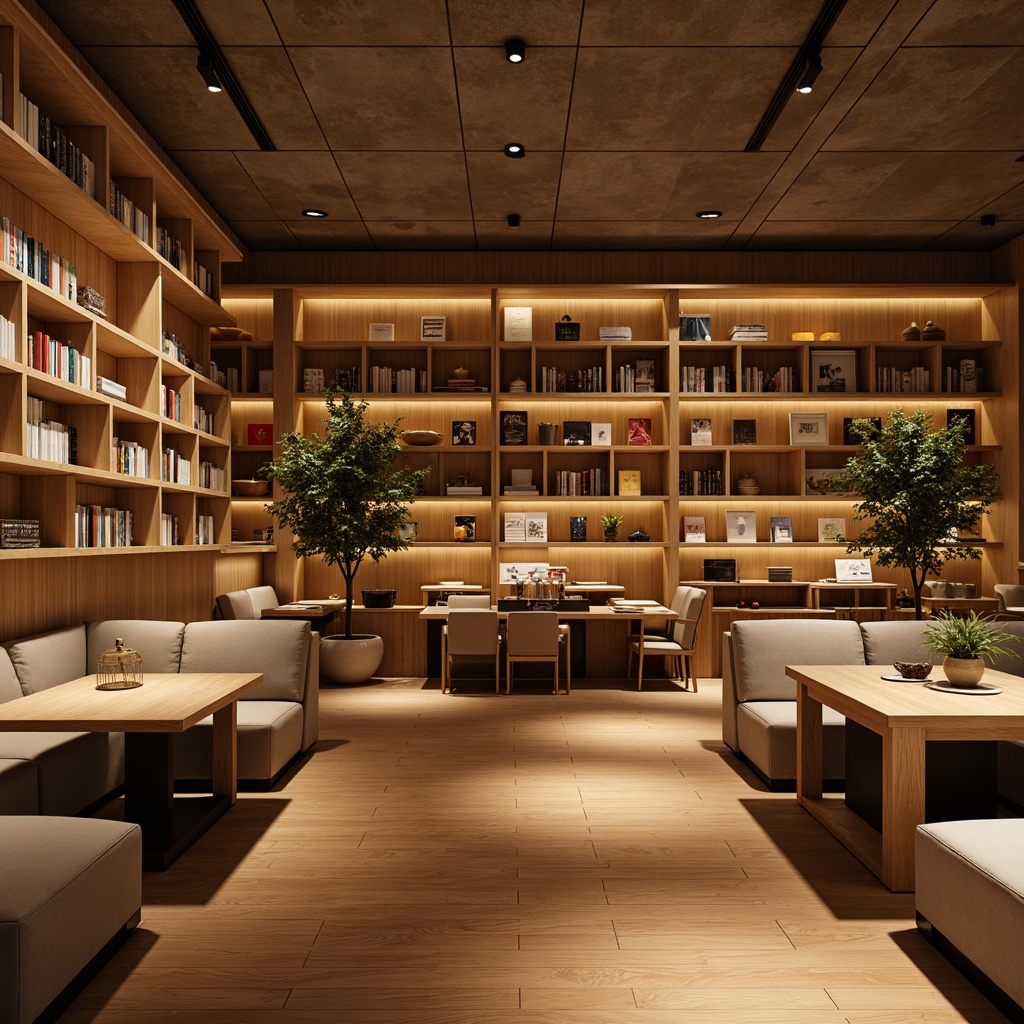 Prompt: Cozy bookstore interior, minimalistic decor, wooden shelves, floor-to-ceiling bookcases, comfortable reading nooks, soft warm lighting, warm beige tones, natural wood accents, subtle shadows, indirect illumination, table lamps, pendant lights, hidden LED strips, calm atmosphere, peaceful ambiance, warm color temperature, low contrast ratio, 1/1 composition, realistic textures, ambient occlusion.