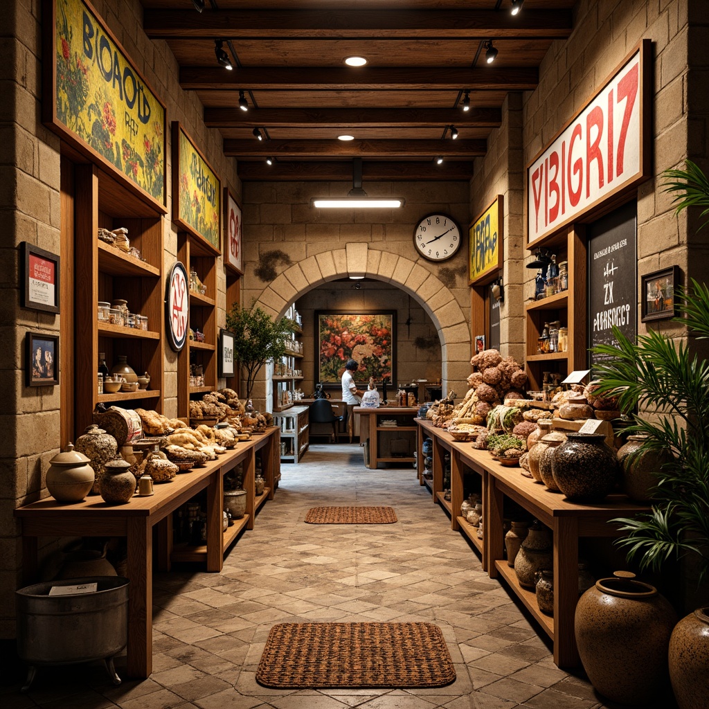 Prompt: Vibrant market vernacular interior, rich cultural heritage, warm earthy tones, rustic wooden accents, distressed stone walls, ornate metalwork, vintage signage, eclectic decorative artifacts, woven textiles, colorful ceramics, intricate tile patterns, ambient warm lighting, soft focus, shallow depth of field, 1/2 composition, realistic textures, subtle atmospheric effects.