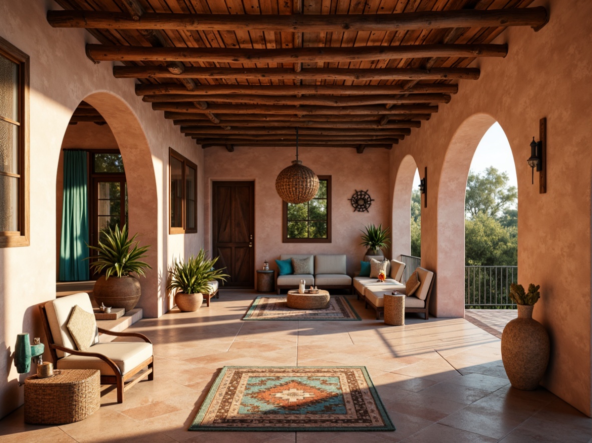 Prompt: Adobe earth tones, rustic wooden accents, terracotta roof tiles, curved stucco walls, ornate metalwork, vibrant turquoise accents, geometric patterned textiles, woven Native American-inspired baskets, rough-hewn stone columns, arched windows, warm golden lighting, shallow depth of field, 1/2 composition, realistic textures, ambient occlusion.