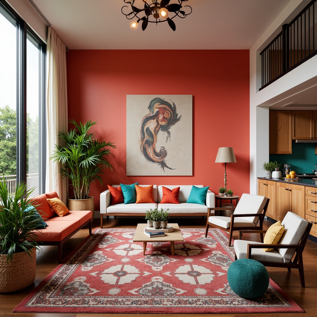 Prompt: Vibrant living room, bold patterned rug, eclectic furniture pieces, statement lighting fixtures, bright coral walls, turquoise accents, natural wood textures, woven baskets, geometric-shaped decor, playful throw pillows, lush green plants, floor-to-ceiling windows, warm softbox lighting, shallow depth of field, 1/1 composition, realistic materials, ambient occlusion.