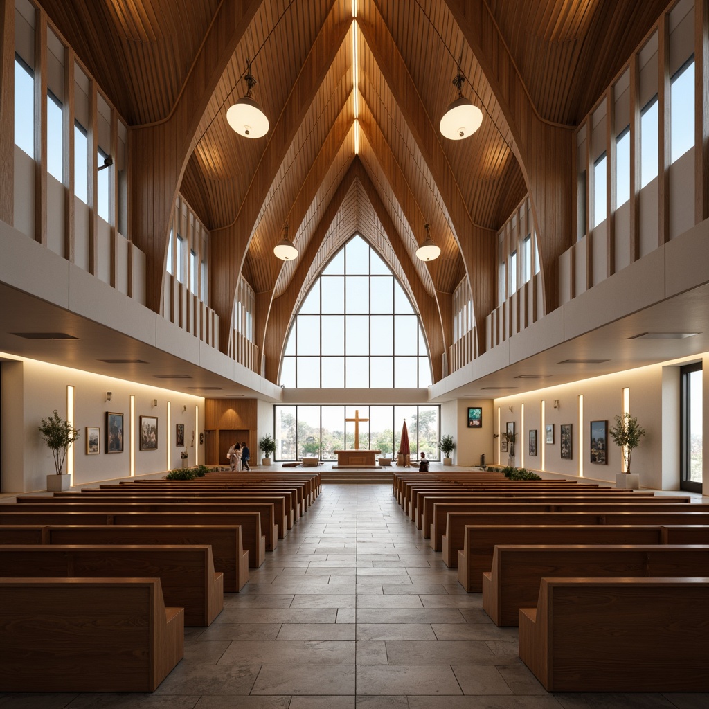 Prompt: Streamlined modern church interior, minimalist altar, sleek wooden pews, stained glass windows, vaulted ceilings, subtle ambient lighting, warm white LED strips, recessed downlights, suspended lanterns, elegant chandeliers, natural stone flooring, polished marble accents, reflective metal surfaces, geometric patterns, abstract artwork, softbox diffusers, indirect cove lighting, dramatic uplighting, 1/1 composition, shallow depth of field, realistic textures, ambient occlusion.