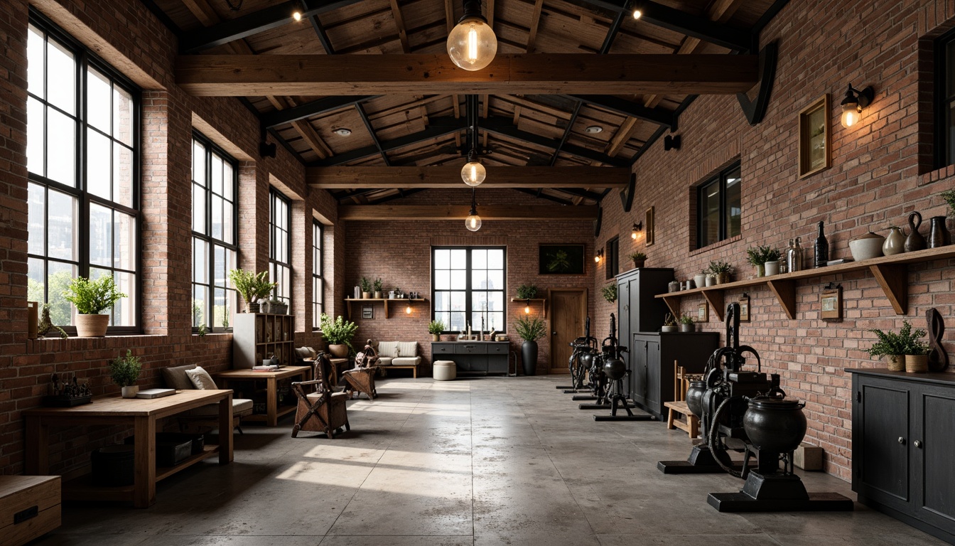 Prompt: Rustic warehouse, exposed brick walls, metal beams, reclaimed wood accents, industrial lighting fixtures, metal Shades, Edison bulbs, concrete floors, distressed finishes, vintage manufacturing equipment, functional pulleys, antique machinery, urban loft atmosphere, natural textures, warm color tones, softbox lighting, high contrast ratio, 1/2 composition, realistic renderings, ambient occlusion.