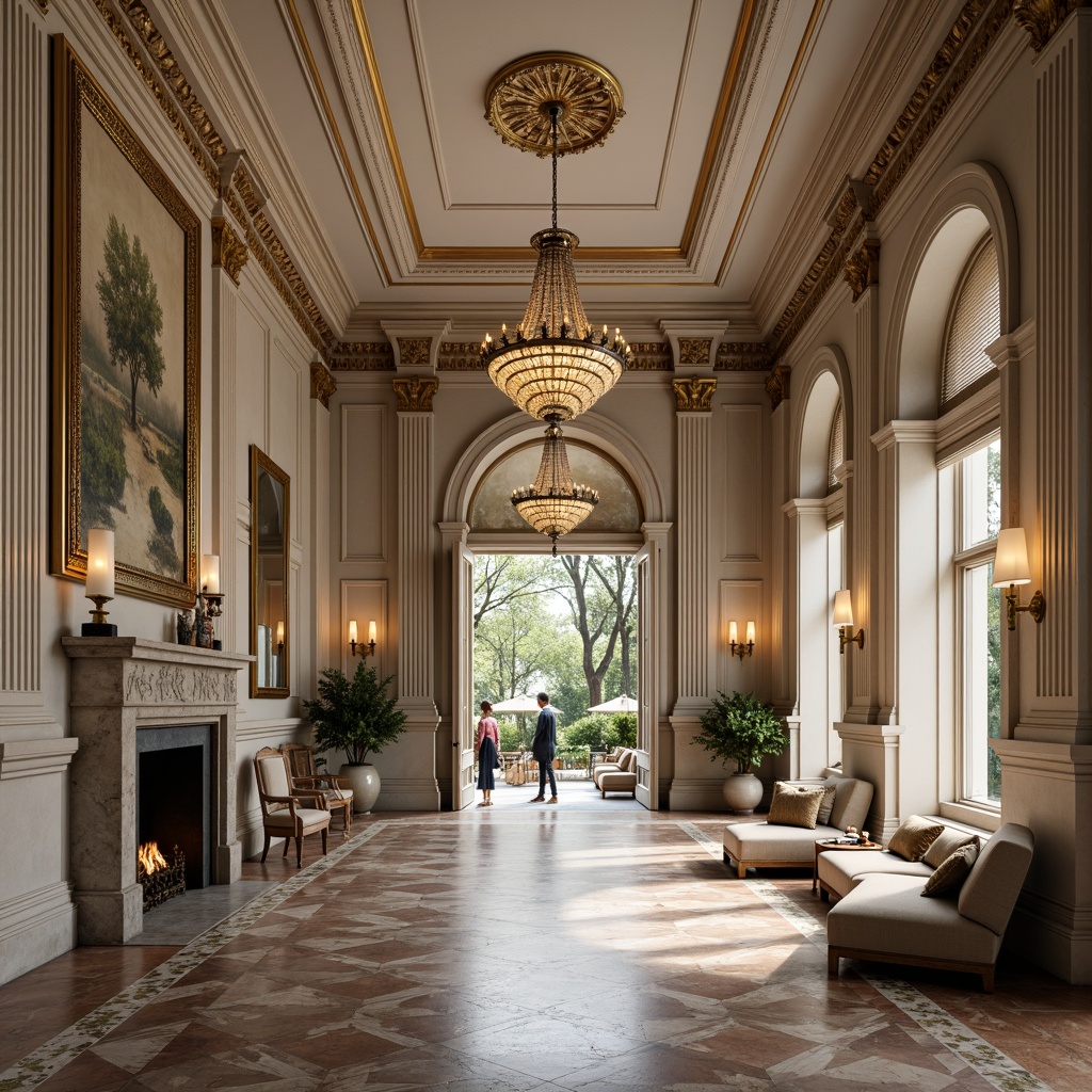 Prompt: Elegant neoclassical interior, rich wood tones, ornate moldings, creamy whites, soft grays, muted gold accents, luxurious velvets, intricate patterns, subtle marbles, refined furnishings, opulent chandeliers, dramatic archways, stately columns, grandiose proportions, warm ambient lighting, shallow depth of field, 2/3 composition, realistic textures, ambient occlusion.