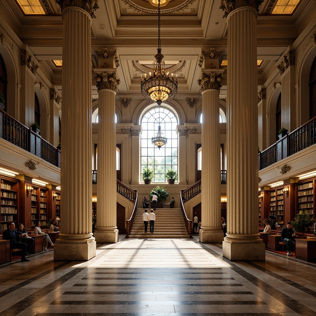 Prompt: Grand courthouse entrance, majestic columns, classical architecture, ornate details, polished marble floors, high ceilings, natural light, grand staircase, elegant chandeliers, sophisticated law libraries, historic significance, neoclassical style, symmetrical facade, Corinthian capitals, rusticated bases, solemn atmosphere, dramatic lighting, low-angle shot, 1/2 composition, warm color palette, realistic textures.