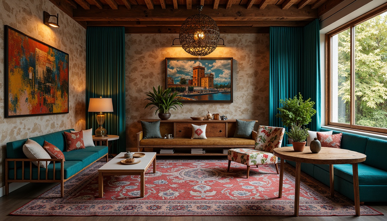 Prompt: Richly patterned rug, eclectic mix of vintage furniture, ornate wooden tables, distressed metal chairs, bold colorful artwork, rustic stone walls, reclaimed wood accents, warm golden lighting, cozy intimate atmosphere, plush velvet drapes, natural fiber textiles, Moroccan-inspired tiles, intricate geometric patterns, vibrant turquoise hues, antique bronze fixtures, industrial chic decor.