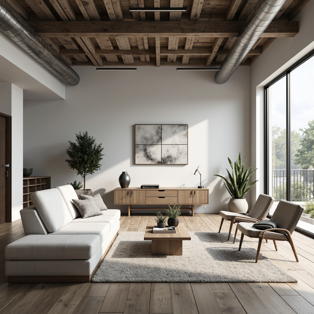 Prompt: Monochromatic color scheme, sleek furniture, polished wooden floors, minimalist artwork, sparse greenery, natural textiles, subtle patterns, geometric shapes, industrial lighting fixtures, metallic accents, modern architectural lines, open floor plans, abundant natural light, soft diffused lighting, shallow depth of field, 1/1 composition, realistic renderings, ambient occlusion.