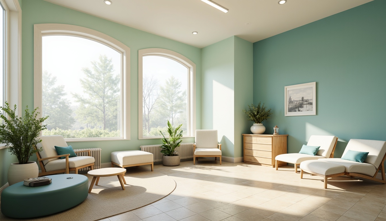 Prompt: Calming clinic interior, soft blue tones, pale green accents, cream-colored walls, natural wood furniture, minimalist decor, large windows, abundant sunlight, serene atmosphere, gentle curves, rounded shapes, subtle texture contrasts, warm beige flooring, soothing color harmony, 1/2 composition, shallow depth of field, realistic renderings, ambient occlusion.