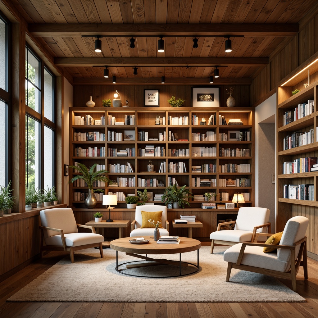 Prompt: Cozy bookstore, wooden shelves, minimalist decor, comfortable seating areas, warm lighting, natural textures, earthy color palette, modern furniture, geometric shapes, clean lines, ample negative space, floor-to-ceiling bookcases, ladder access, subtle branding elements, elegant typography, peaceful atmosphere, soft background music, shallow depth of field, 1/1 composition, realistic render.