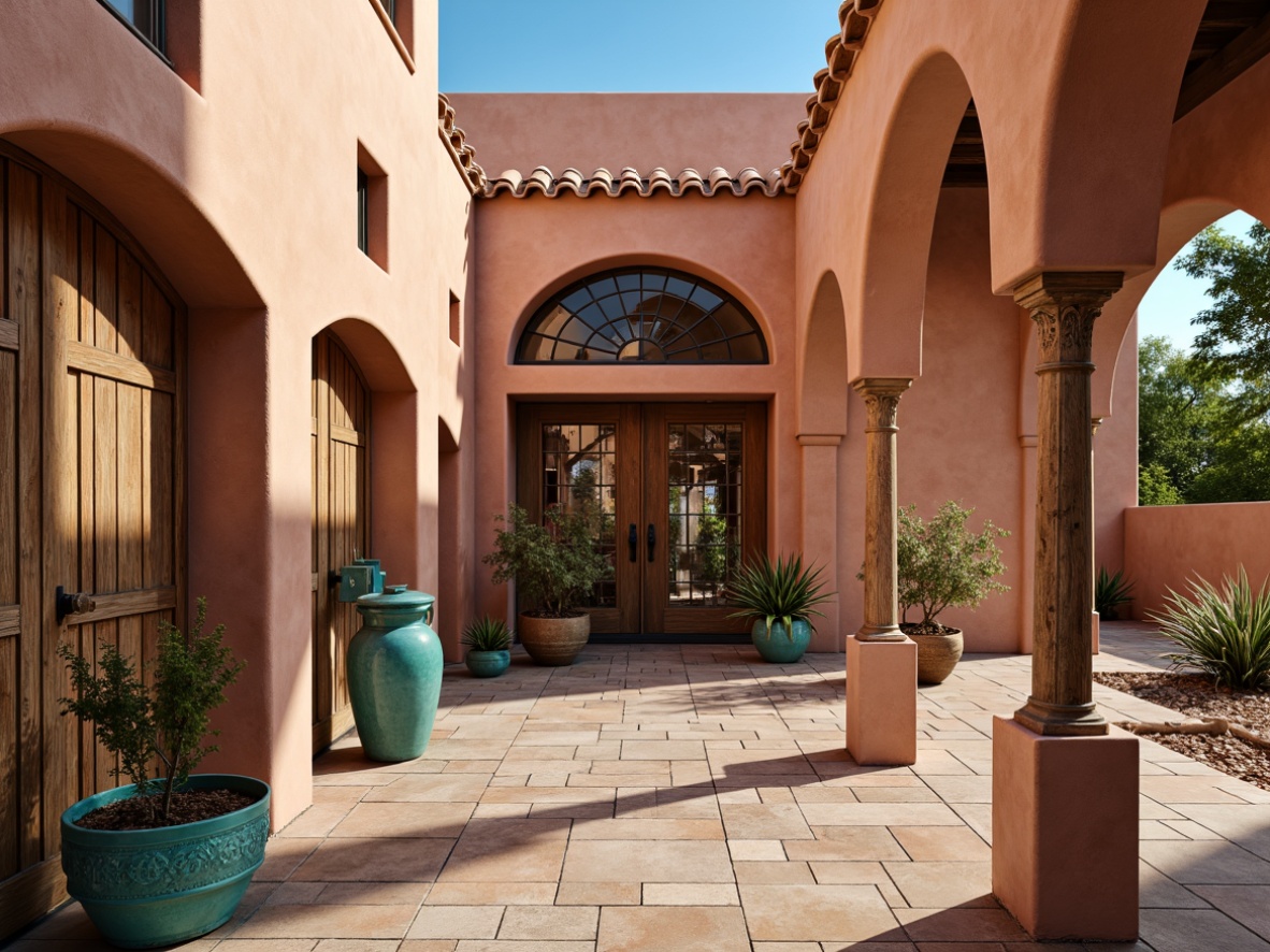 Prompt: Adobe earth tones, stucco walls, curved lines, wooden accents, vibrant turquoise, ornate tile work, clay roof tiles, rustic metal doors, wrought iron railings, decorative arches, patterned textiles, warm natural lighting, shallow depth of field, 3/4 composition, panoramic view, realistic textures, ambient occlusion.