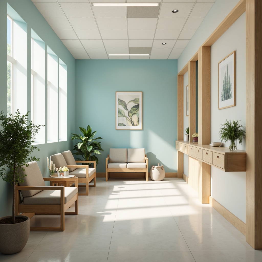 Prompt: Calming medical facility, soft pastel colors, pale blue walls, creamy white accents, warm beige furniture, natural wood textures, subtle greenery, gentle ambient lighting, soft shadows, 1/2 composition, realistic renderings, calming atmosphere, serene ambiance, health-inspired color scheme, soothing patient experience.